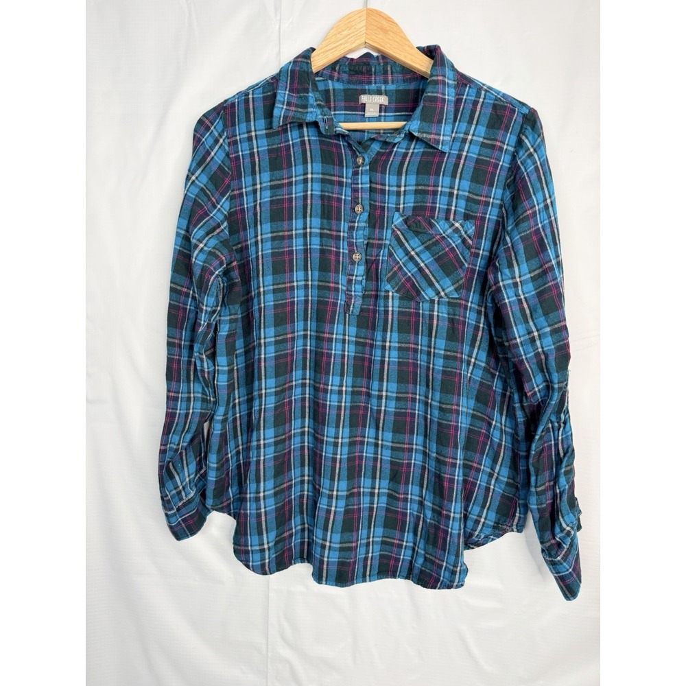 Falls Creek Women XL Blue Plaid Rayon Roll Tab Sleeve Button Up Shirt